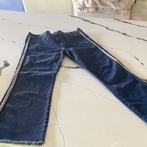 J Brand Navy Straight Leg Pants with Metallic Stripe